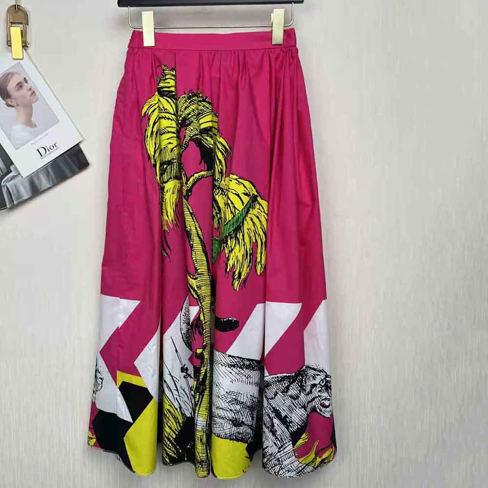 Dior Women Mid-Length Pleated Skirt Pink Cotton Poplin with Multicolor D-Tiger Pop Motif