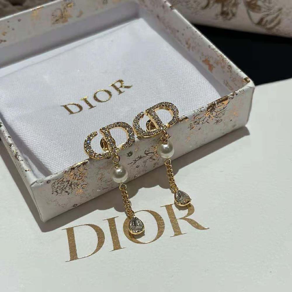 Dior Women Petit CD Earrings Gold-Finish Metal with White Resin Pearls