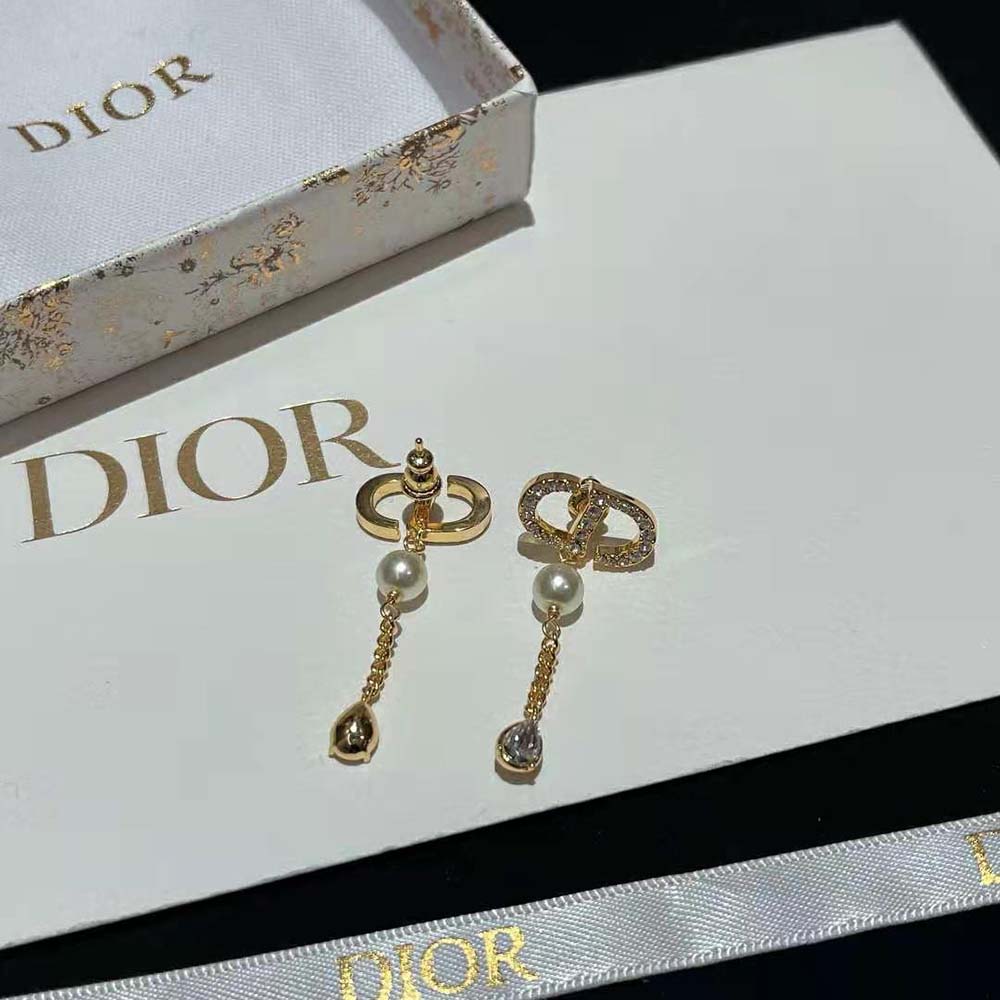 Dior Women Petit CD Earrings Gold-Finish Metal with White Resin Pearls