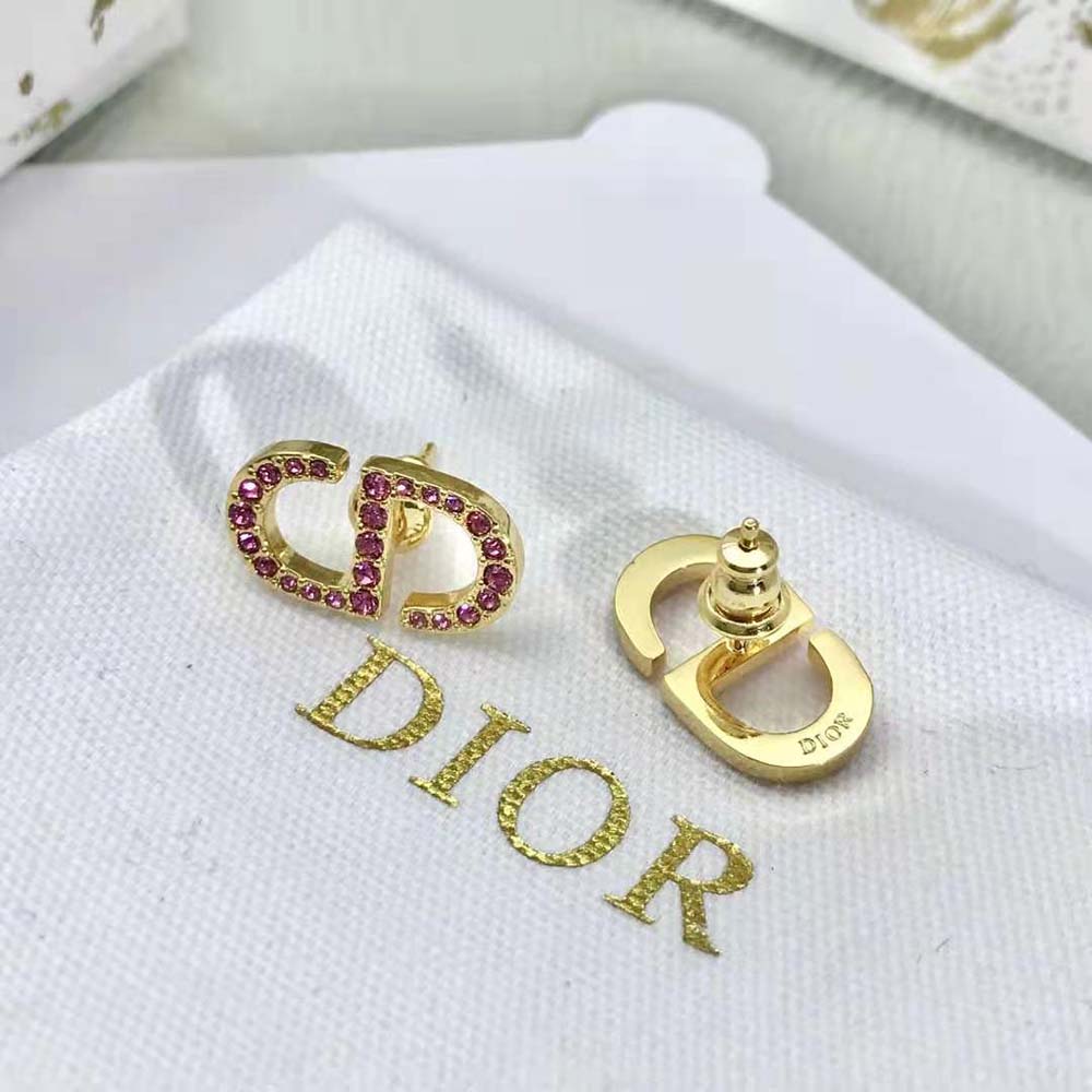 Dior Women Petit CD Stud Earrings Gold-Finish Metal and Light Pink Crystals