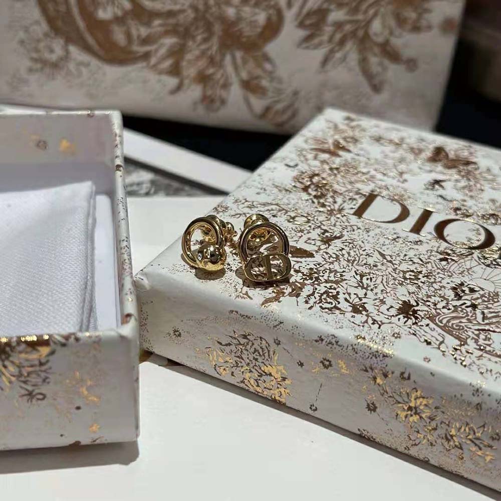 Dior Women Petit CD Stud Earrings Gold-Finish Metal with a White Crystal