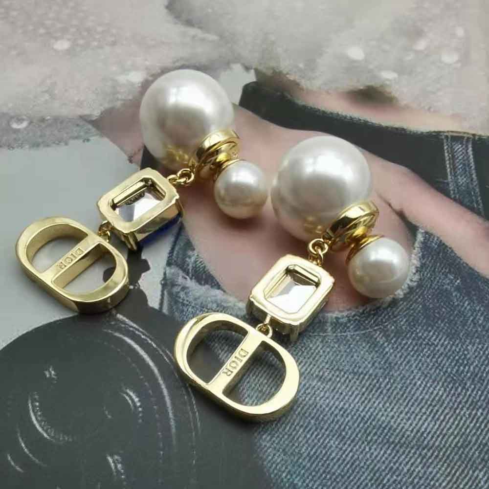Dior Women Petit Cd Earrings Gold-Finish Metal with White Resin Pearls