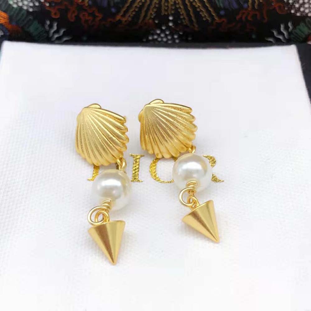 Dior Women Sea Garden Earrings Gold-Finish Metal and White Resin Pearls