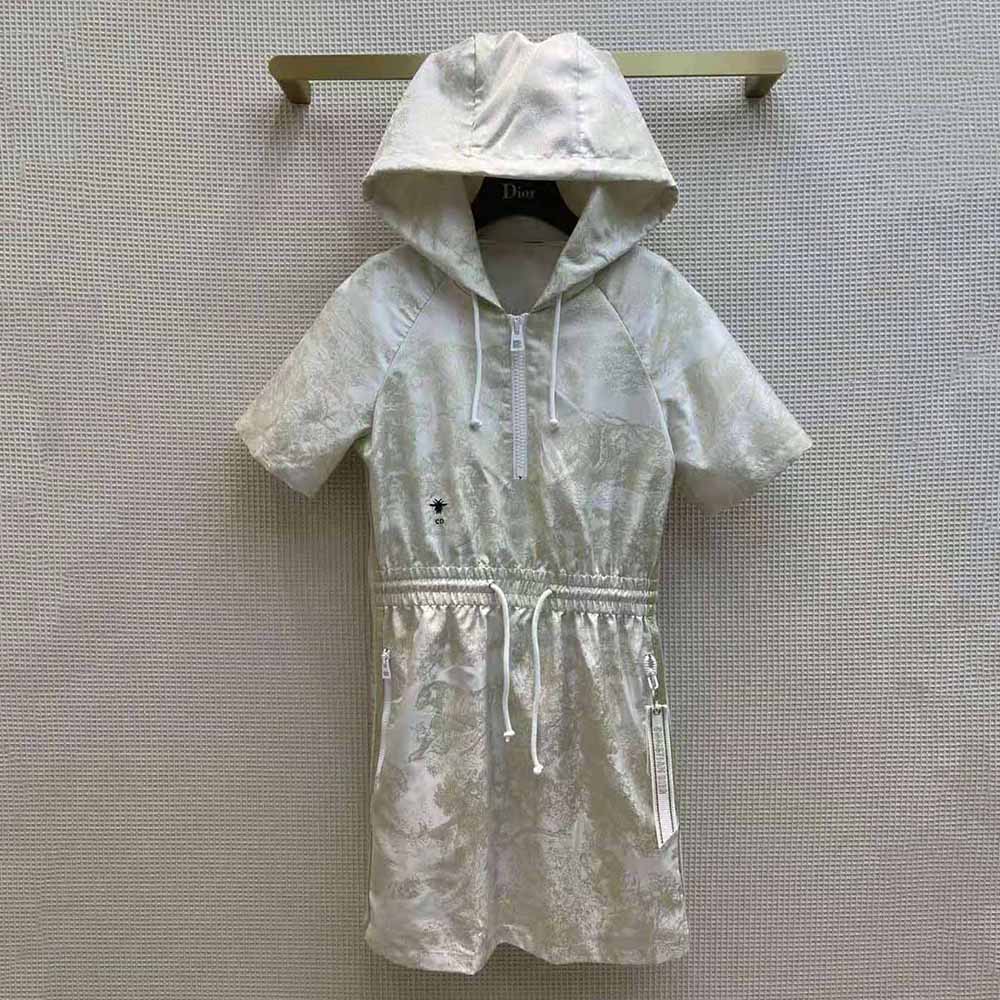 Dior Women Short Hooded Dress Gold-Tone Technical Taffeta Jacquard