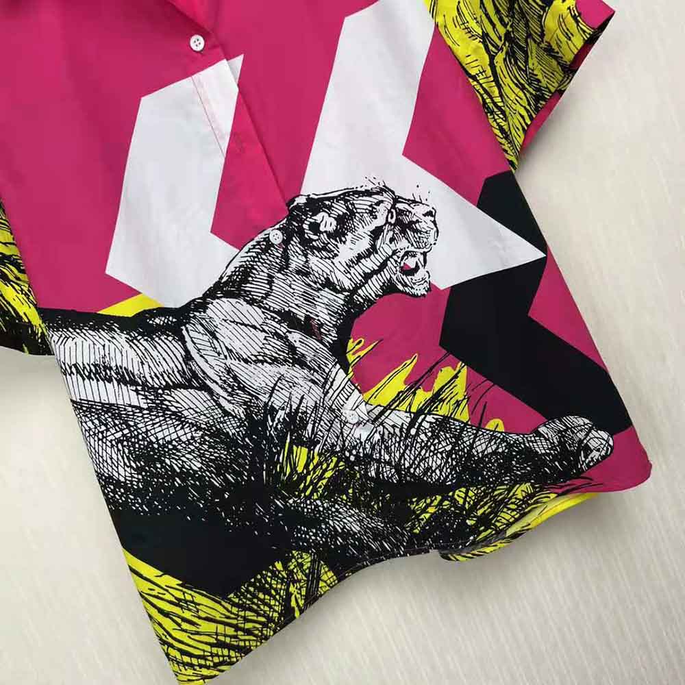 Dior Women Short-Sleeved Blouse Pink Cotton Poplin with Multicolor D-Tiger Pop Motif