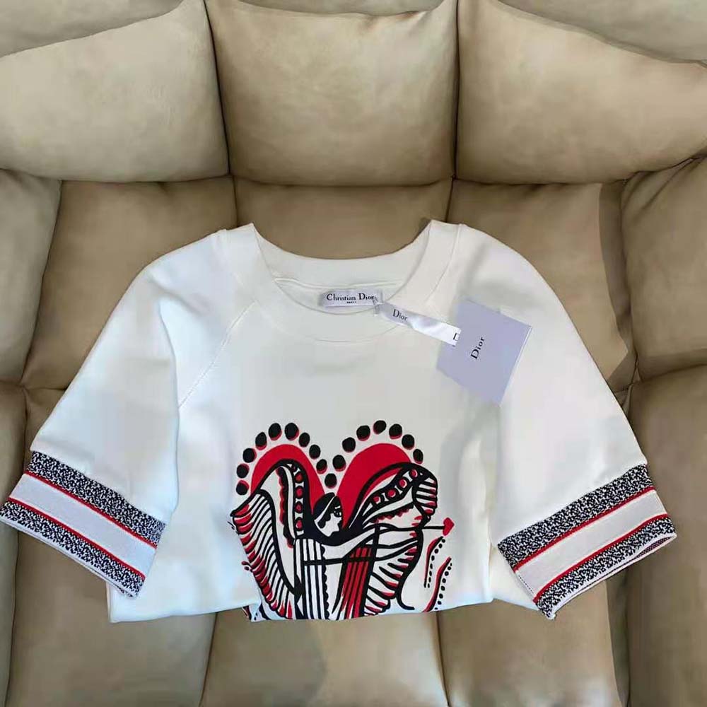 Dior Women Short-Sleeved Sweatshirt White Cotton Jersey with Multicolor Cupidon Motif