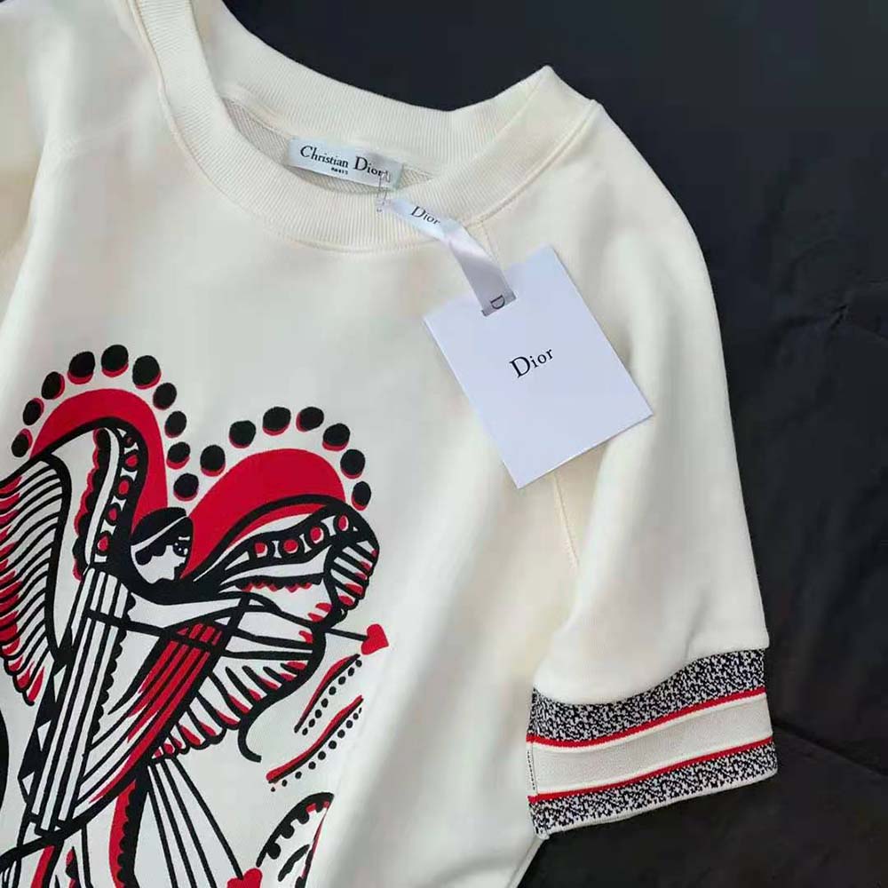 Dior Women Short-Sleeved Sweatshirt White Cotton Jersey with Multicolor Cupidon Motif