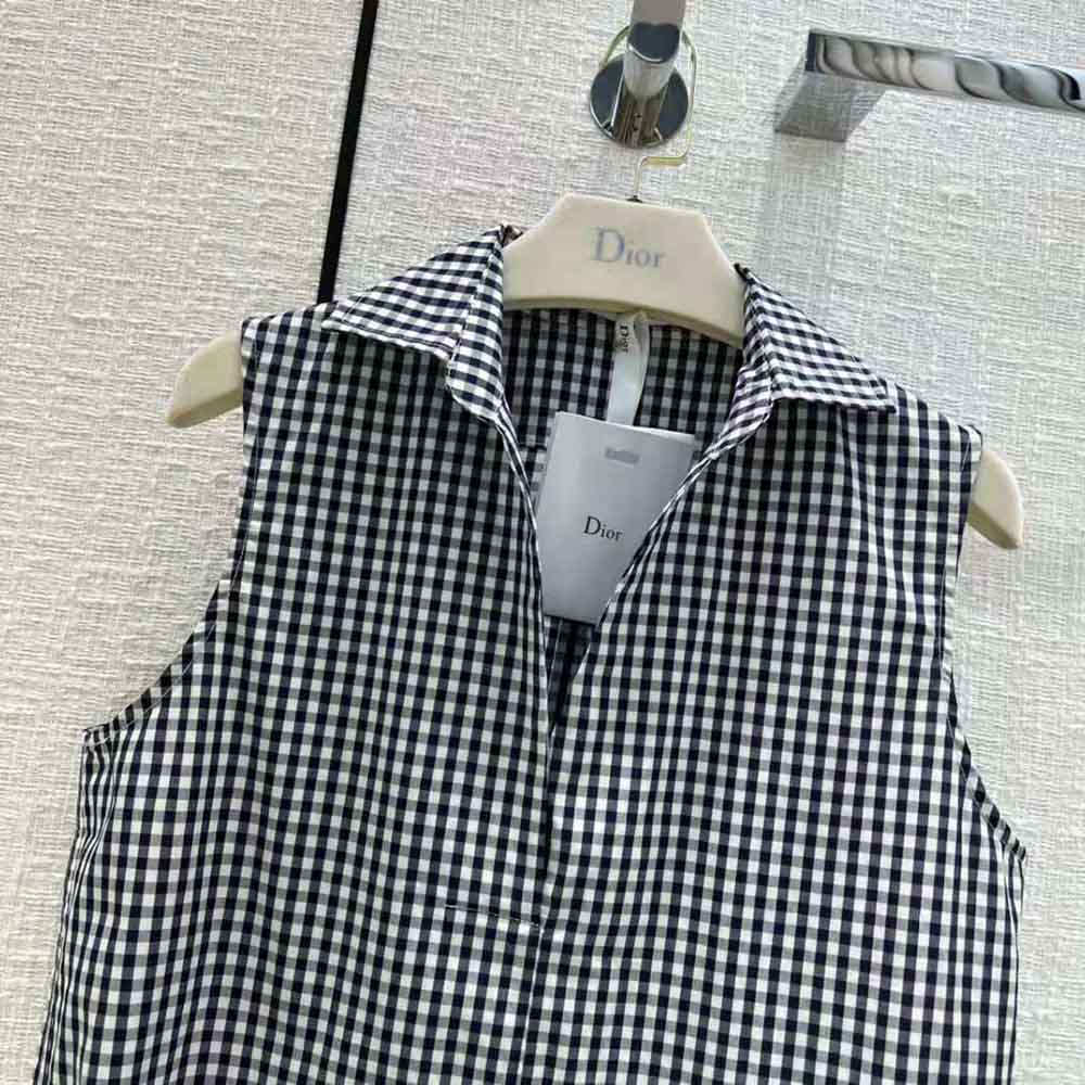 Dior Women Sleeveless Blouse Navy Blue D-Little Vichy Silk Canvas