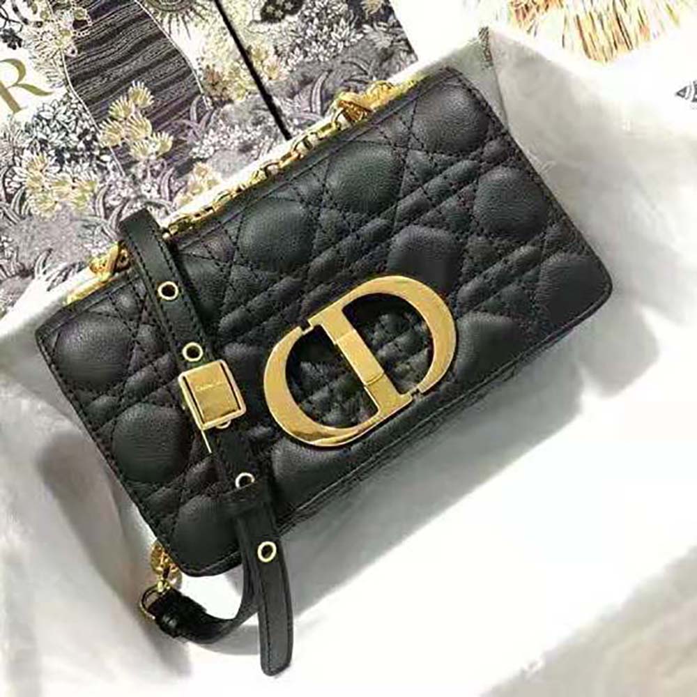 Dior Women Small Dior Caro Bag Lvory Supple Cannage Calfskin-Black