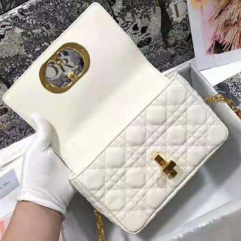 Dior Women Small Dior Caro Bag Lvory Supple Cannage Calfskin-White