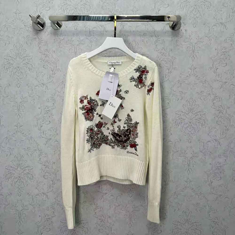 Dior Women Sweater White Cashmere with Multicolor Butterfly Motif