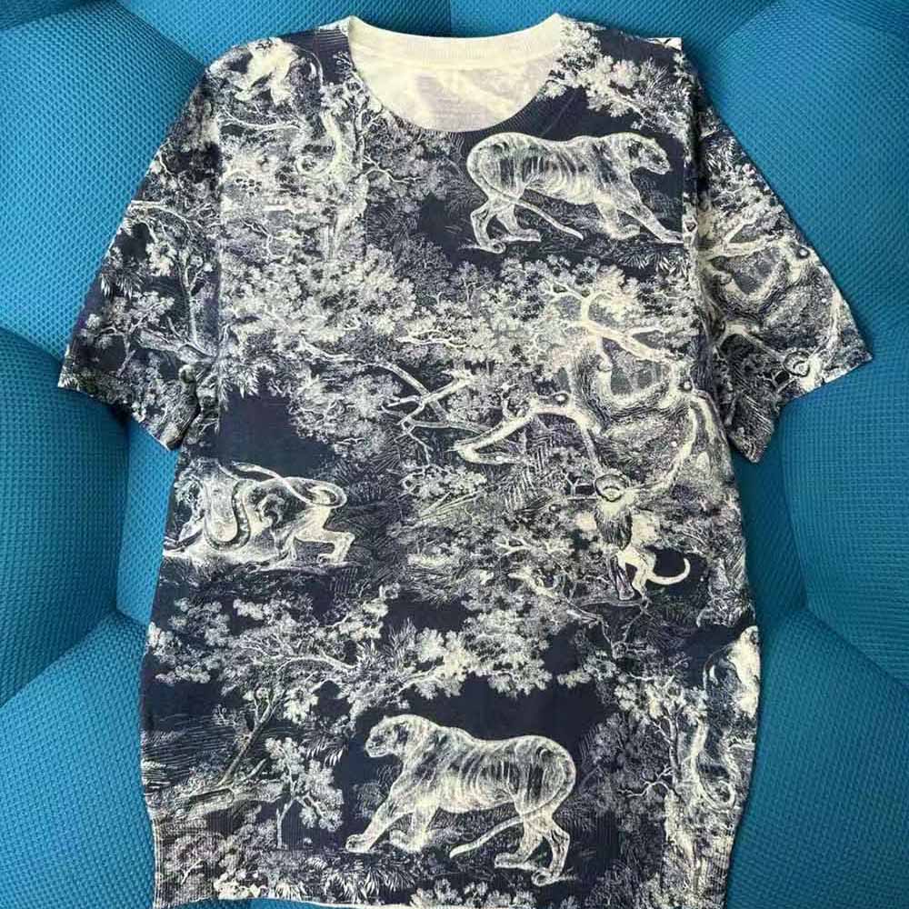 Dior Women T-shirt Navy Blue Toile De Jouy Cotton and Linen Jersey