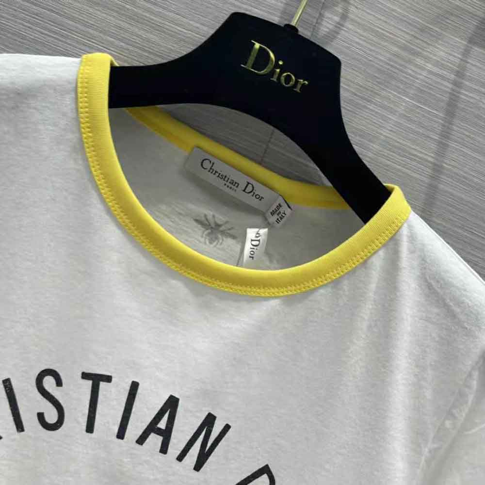Dior Women T-shirt White Cotton Jersey with Fluorescent Yellow D-Jungle Pop Motif