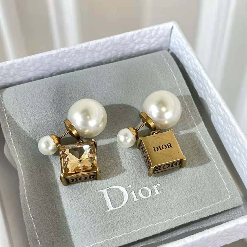 Dior Women Tribales Earrings Antique Gold-Finish Metal with White Resin Pearls and Citrine