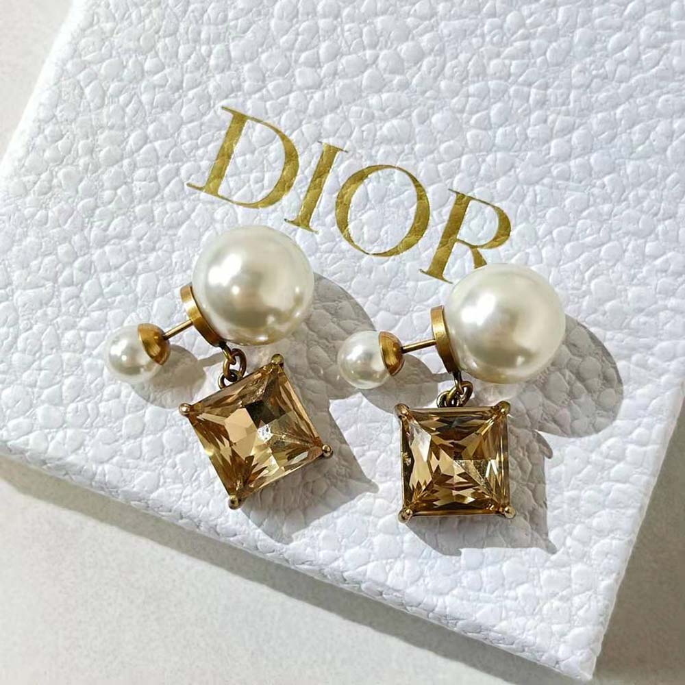 Dior Women Tribales Earrings Antique Gold-Finish Metal with White Resin Pearls and Citrine