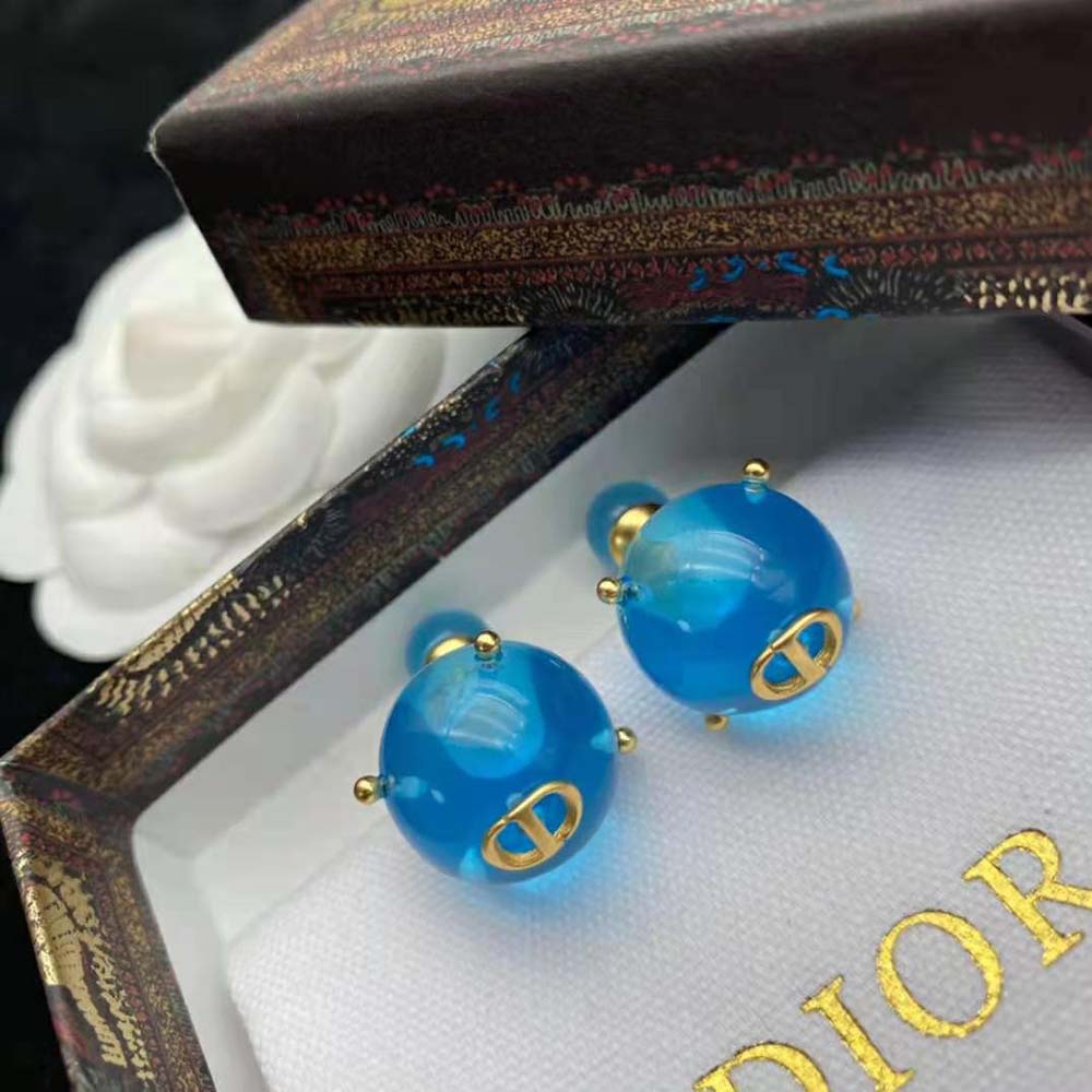 Dior Women Tribales Earrings Gold-Finish Metal and Light Blue Transparent Resin Pearls