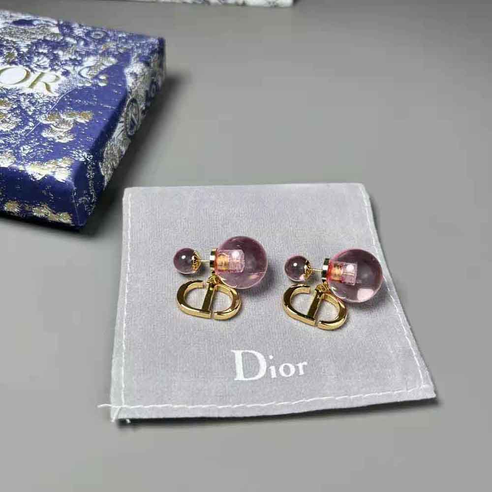 Dior Women Tribales Earrings Gold-Finish Metal and Light Pink Transparent Resin Pearls