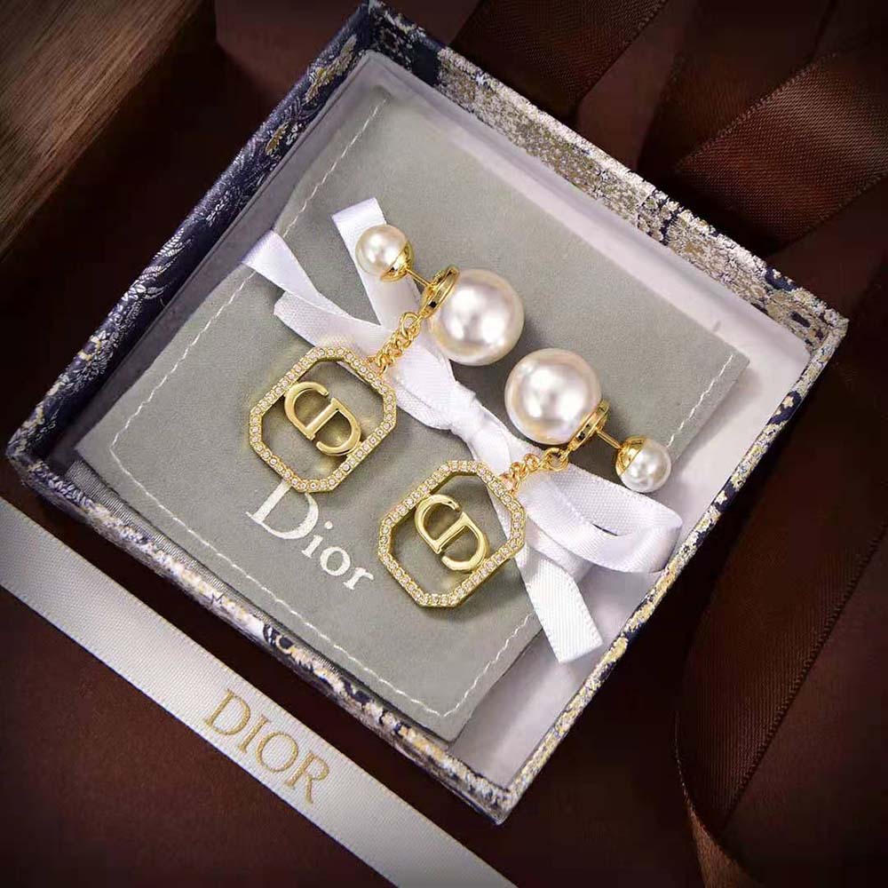 Dior Women Tribales Earrings Gold-Finish Metal with White Resin Pearls