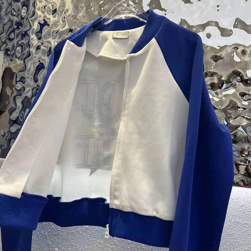 Dior Women Vibe Bomber Jacket Fluorescent Blue and White Technical Cashmere Jacquard