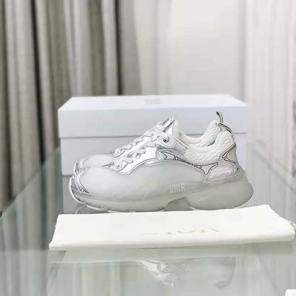 Dior Women Vibe Sneaker White Mesh and Silver-Tone Leather