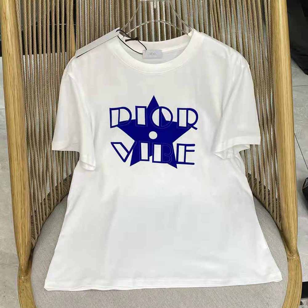 Dior Women Vibe T-shirt Ecru and Fluorescent Blue Cotton Jersey and Linen