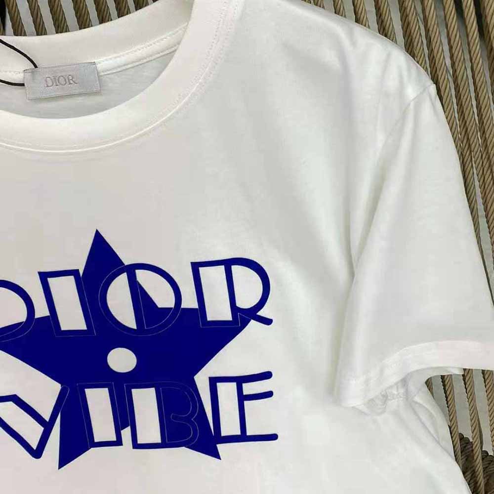 Dior Women Vibe T-shirt Ecru and Fluorescent Blue Cotton Jersey and Linen