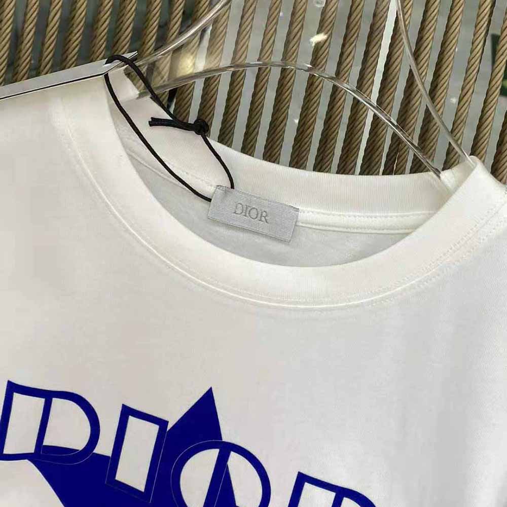 Dior Women Vibe T-shirt Ecru and Fluorescent Blue Cotton Jersey and Linen