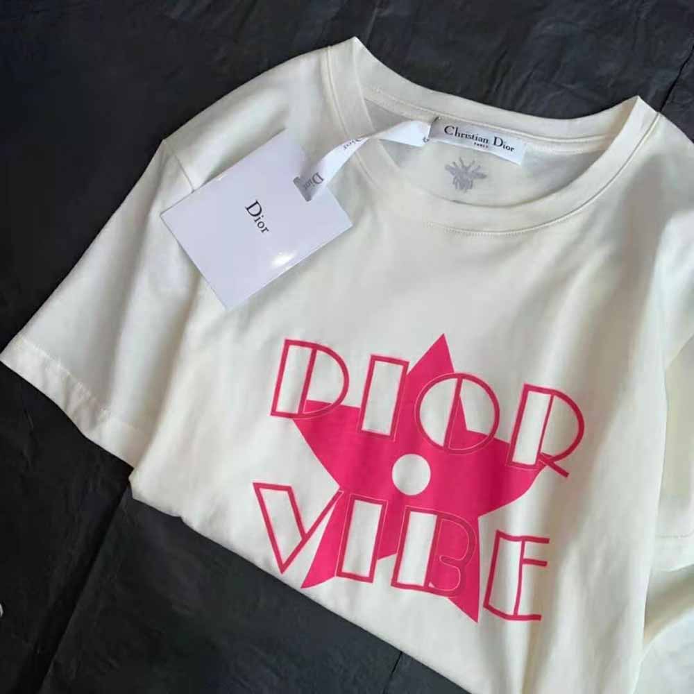 Dior Women Vibe T-shirt Ecru and Fluorescent Pink Cotton and Linen Jersey
