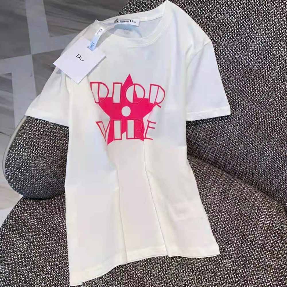 Dior Women Vibe T-shirt Ecru and Fluorescent Pink Cotton and Linen Jersey