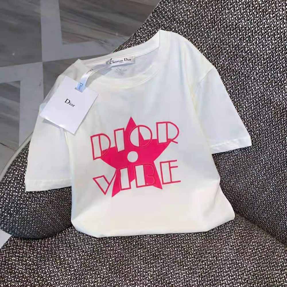 Dior Women Vibe T-shirt Ecru and Fluorescent Pink Cotton and Linen Jersey