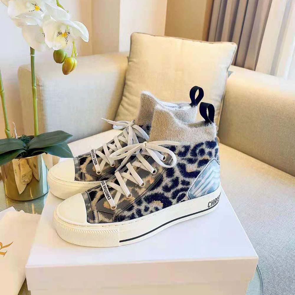 Dior Women Walk’n’Dior Sneaker Fur-Effect Knit Printed with Beige Multicolor Mizza Pattern