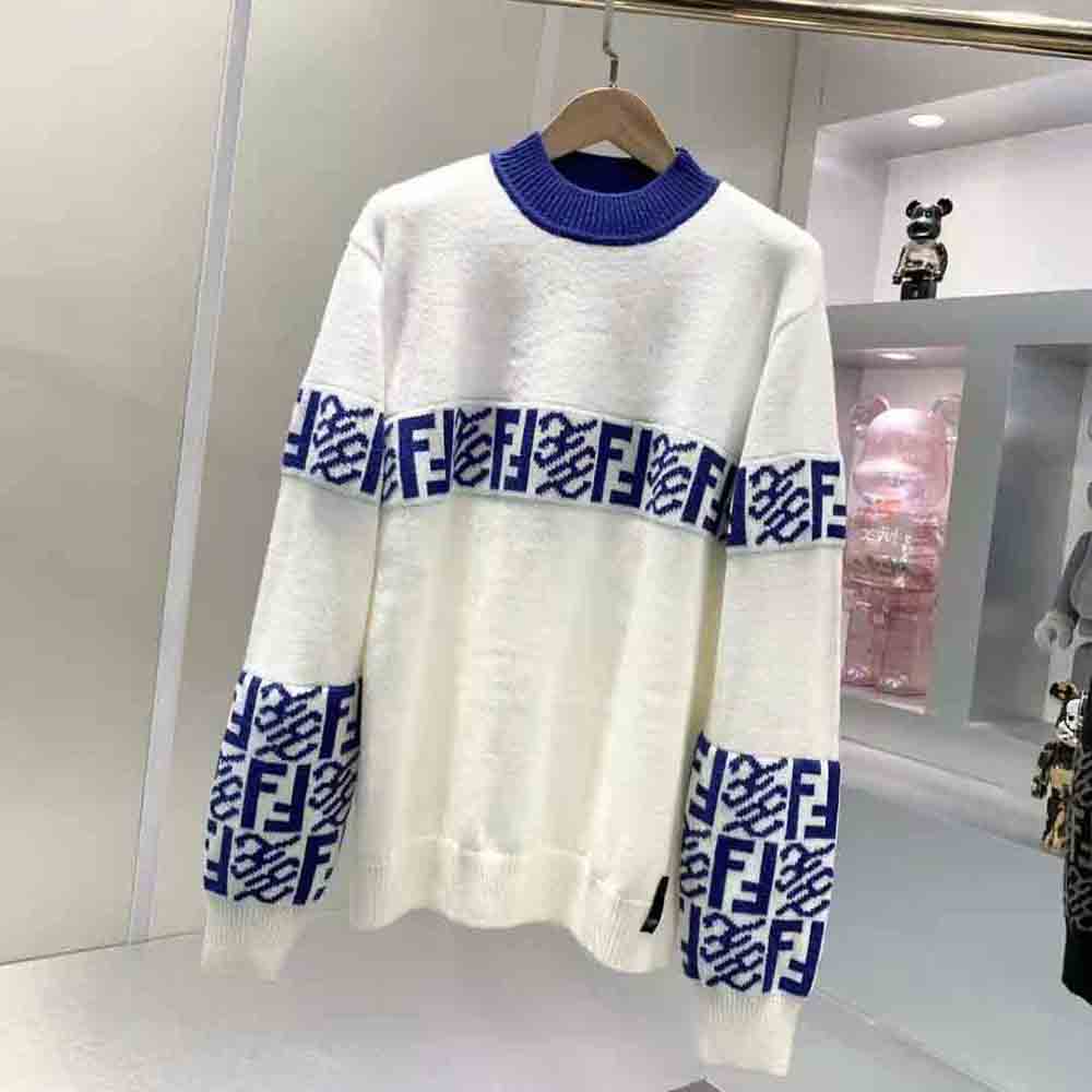 Fendi Men White Wool Sweater with High Collar and Long Sleeves