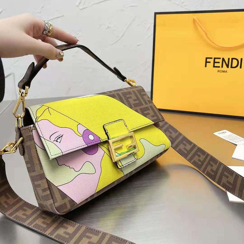 Fendi Women Baguette FF Glazed Fabric Bag with Inlay