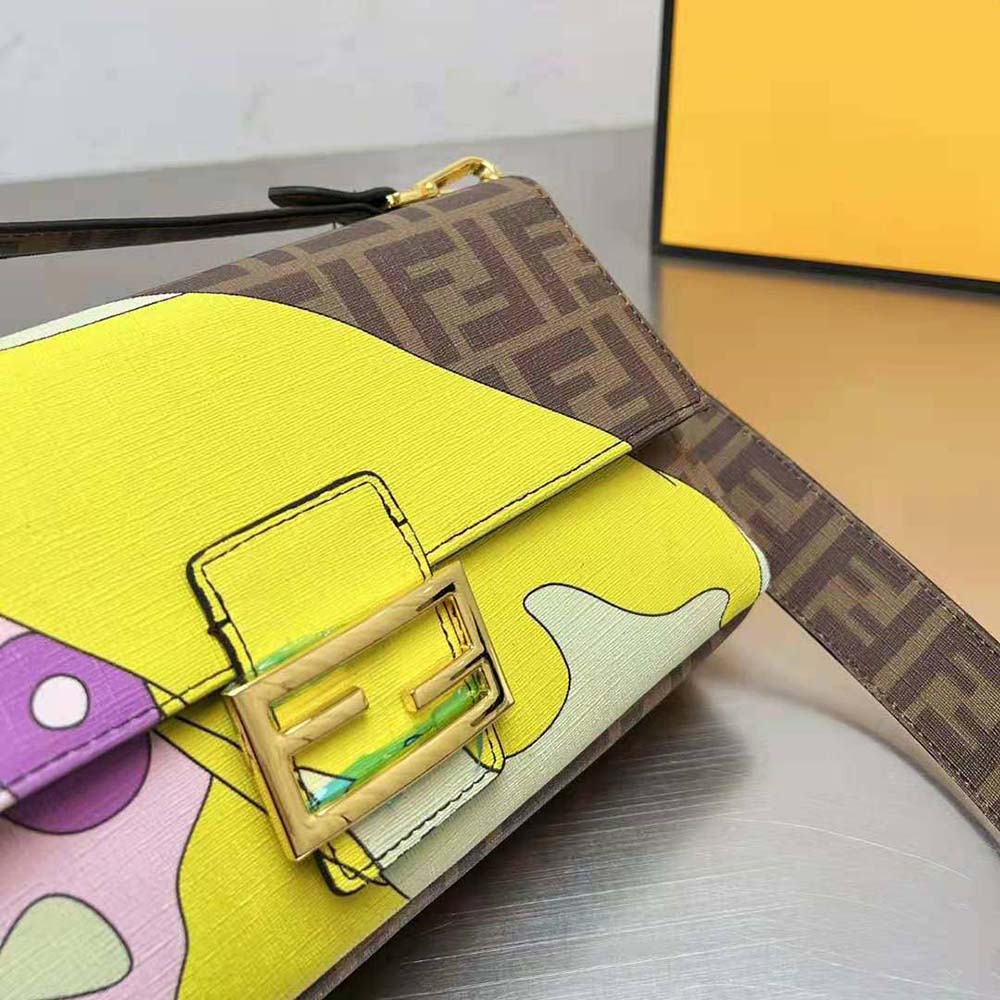 Fendi Women Baguette FF Glazed Fabric Bag with Inlay