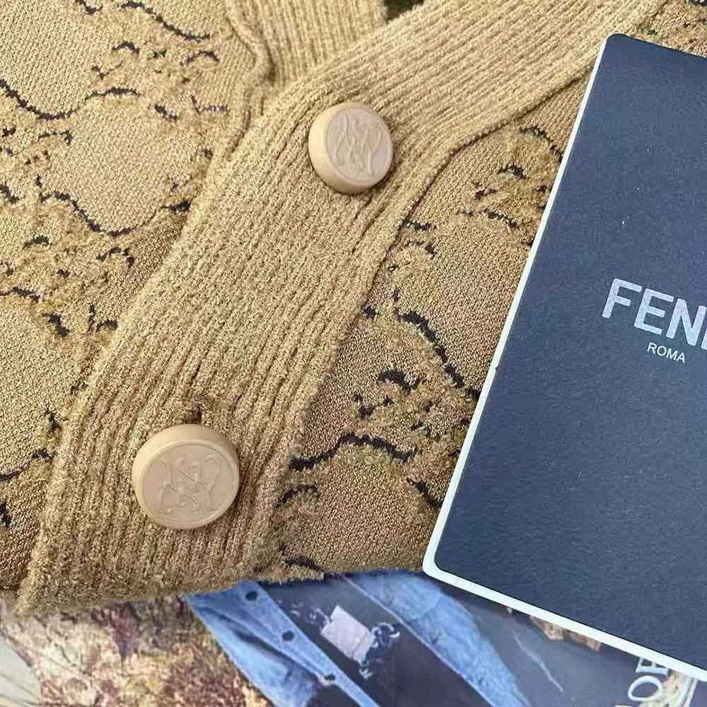 Fendi Women Beige Velvet and Viscose Cardigan with V Neck and Ribbed Edges