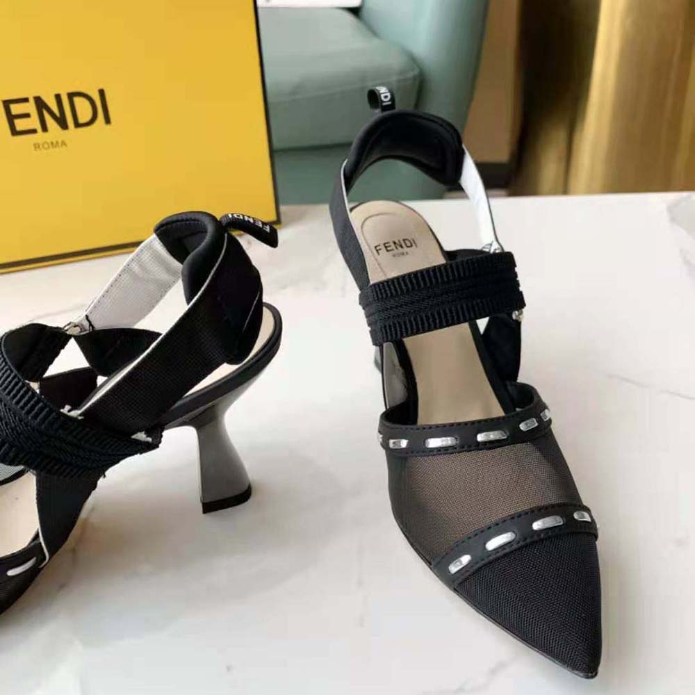 Fendi Women Colibri Black Mesh High-Heel Slingbacks with Metal Stitches