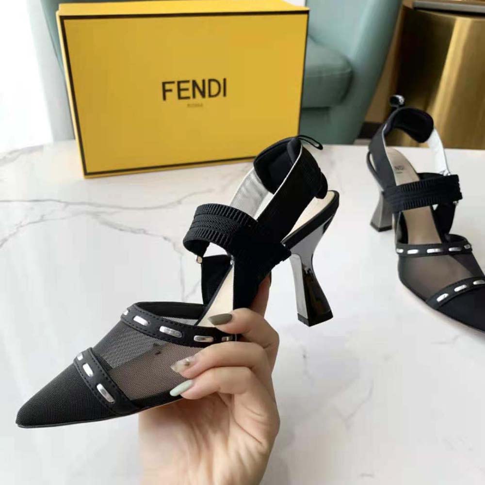 Fendi Women Colibri Black Mesh High-Heel Slingbacks with Metal Stitches