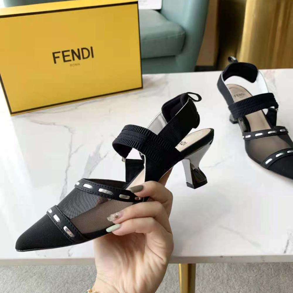Fendi Women Colibri Black Mesh Medium-Heel Slingbacks with Metal Stitches
