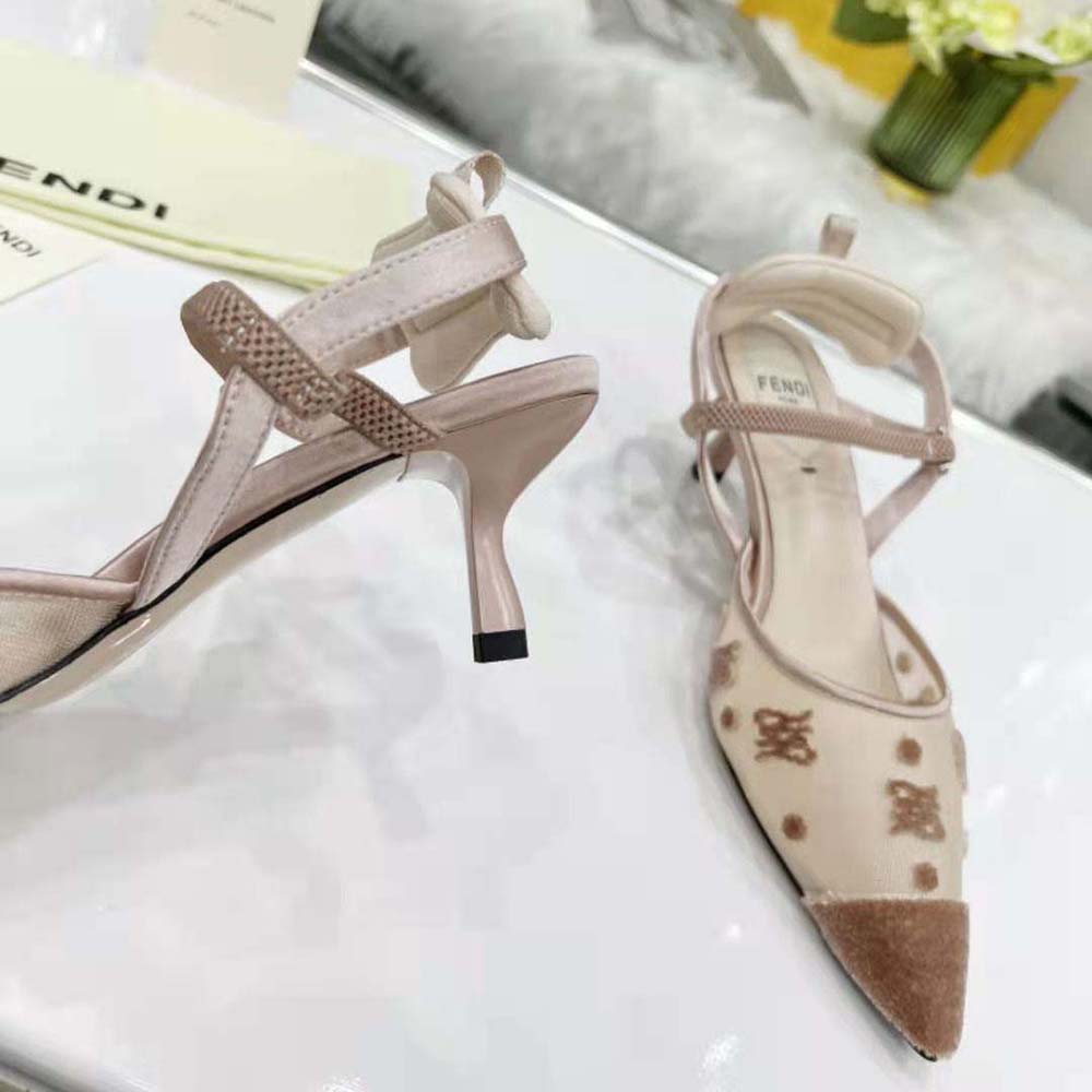 Fendi Women Colibri Lite Beige Mesh and FF Karligraphy Medium-Heel Slingbacks