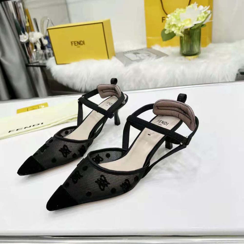 Fendi Women Colibri Lite Black Mesh and FF Karligraphy Medium-Heel Slingbacks