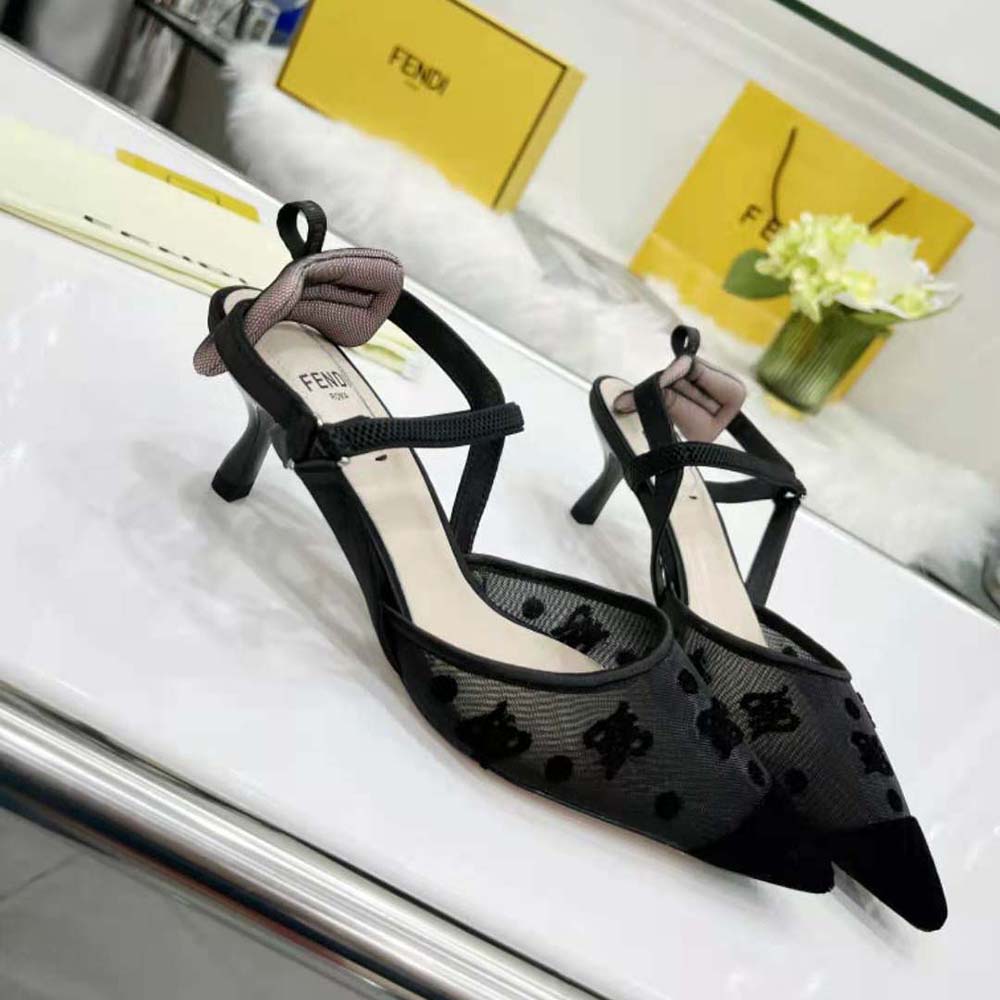 Fendi Women Colibri Lite Black Mesh and FF Karligraphy Medium-Heel Slingbacks