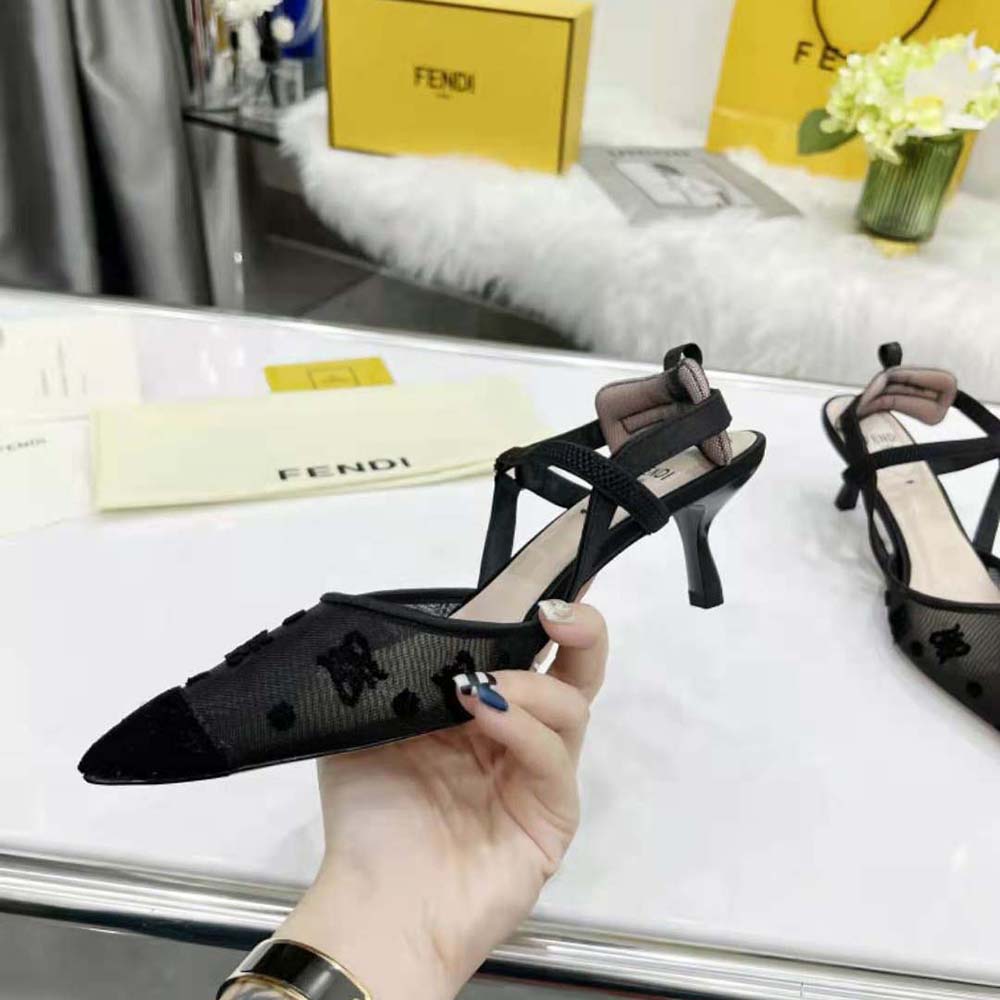 Fendi Women Colibri Lite Black Mesh and FF Karligraphy Medium-Heel Slingbacks