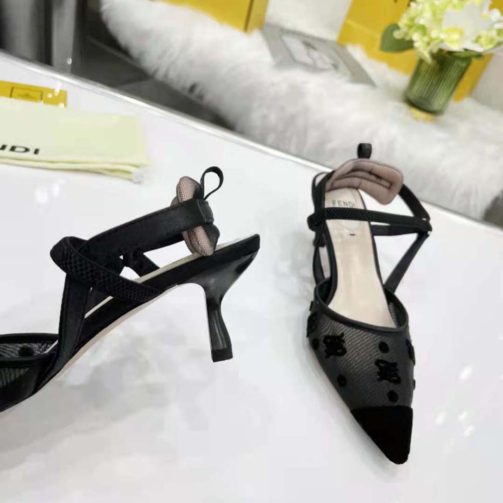 Fendi Women Colibri Lite Black Mesh and FF Karligraphy Medium-Heel Slingbacks