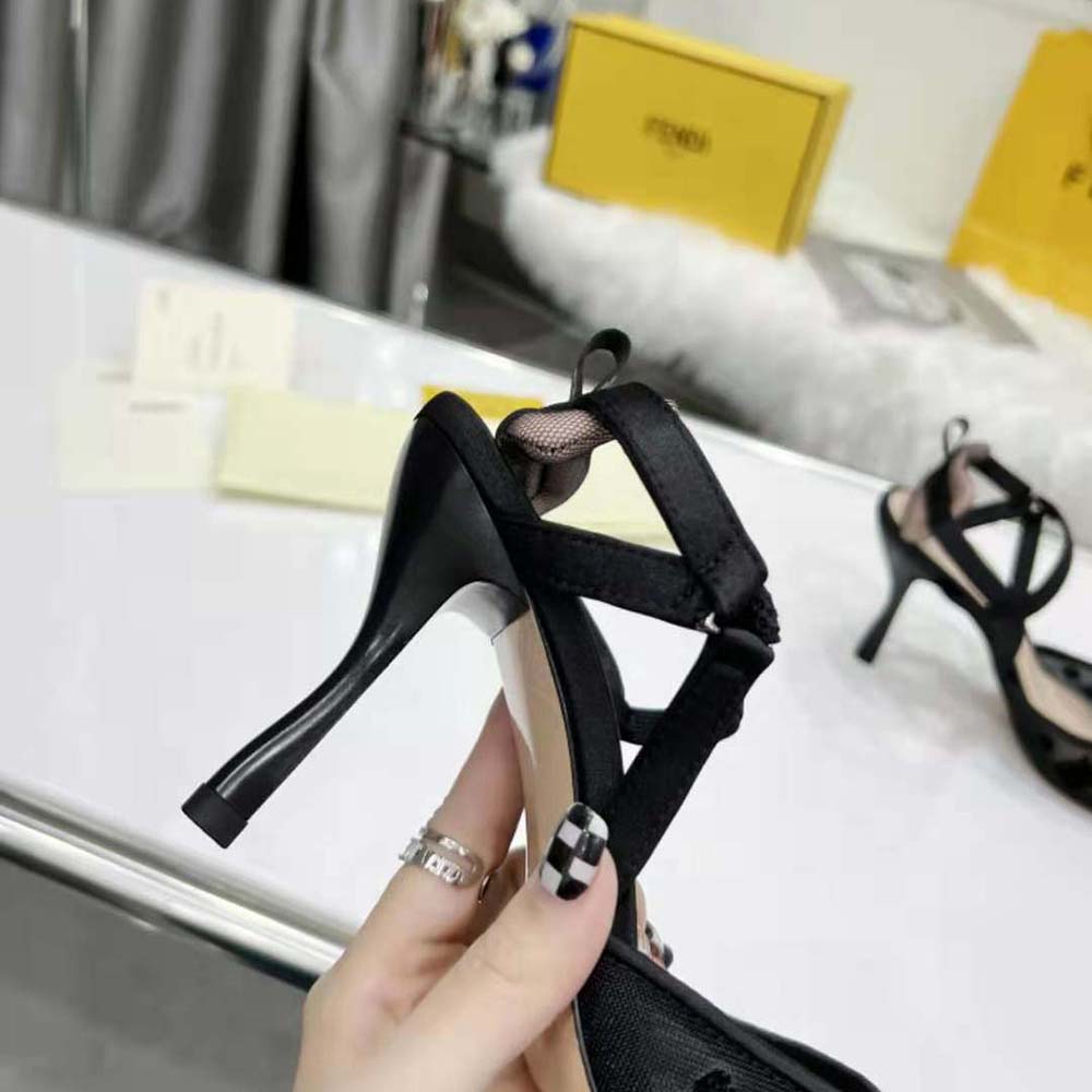 Fendi Women Colibri Lite High-Heeled Black Mesh and FF Karligraphy Slingbacks