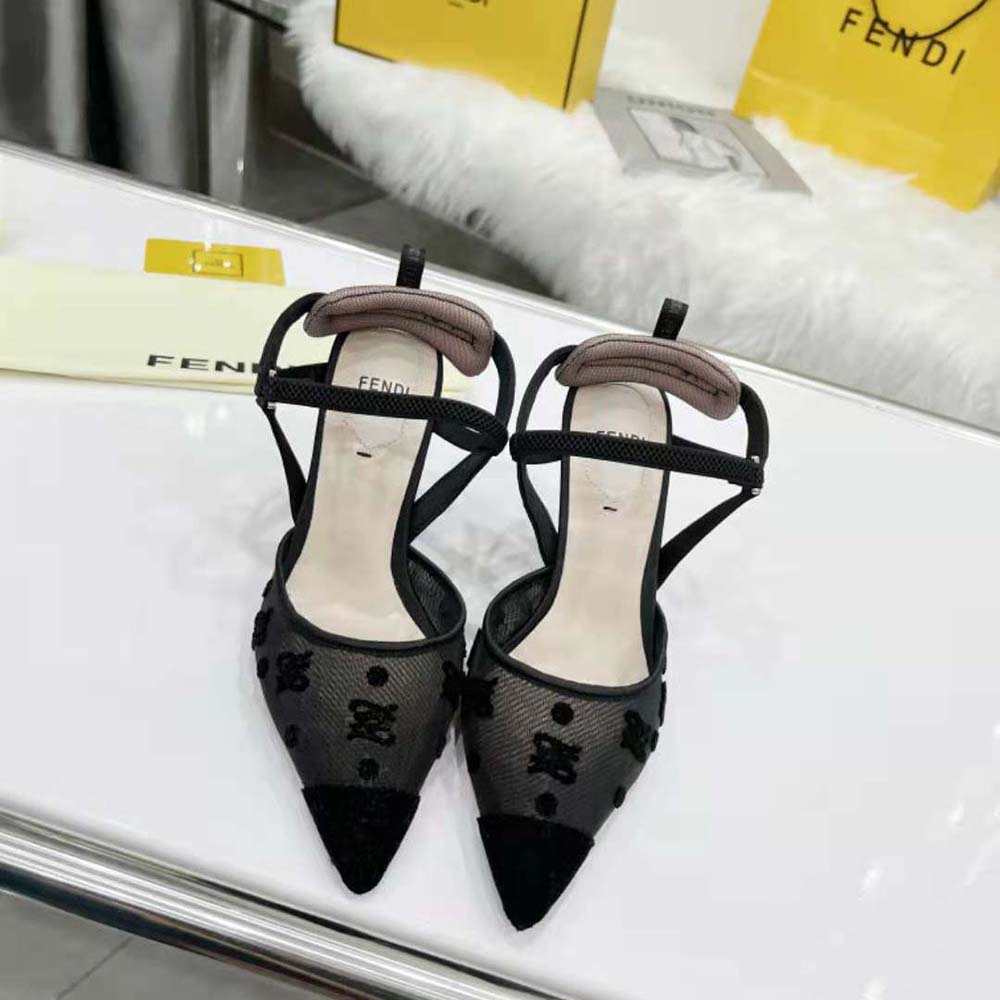 Fendi Women Colibri Lite High-Heeled Black Mesh and FF Karligraphy Slingbacks