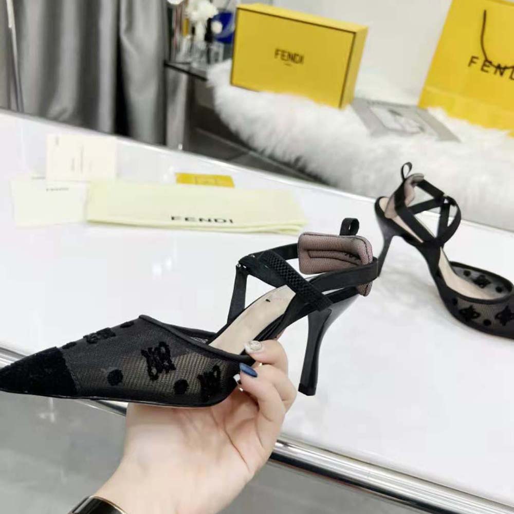 Fendi Women Colibri Lite High-Heeled Black Mesh and FF Karligraphy Slingbacks