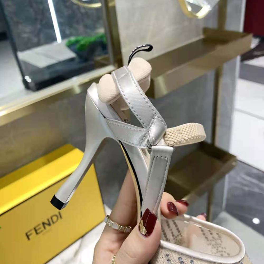 Fendi Women Colibri Pink Mesh High-Heeled Slingbacks with Rhinestone Embroidery