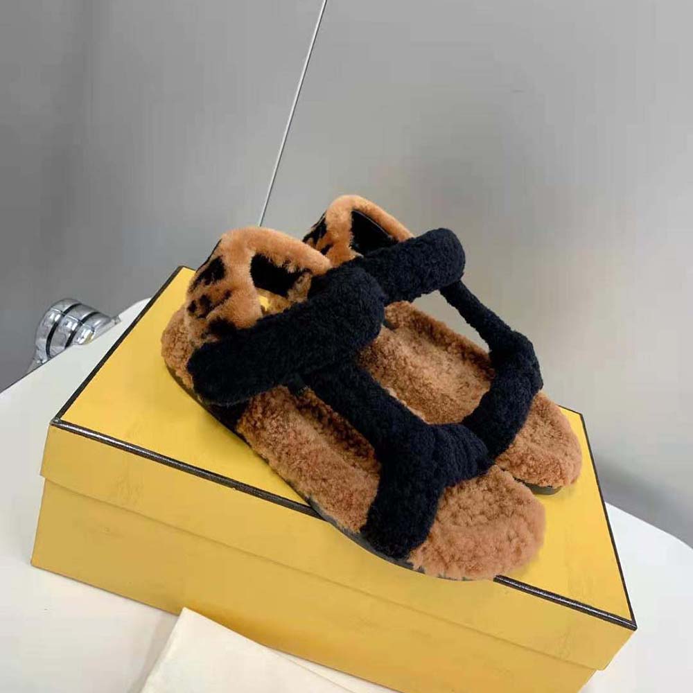 Fendi Women Feel Black Sheepskin Sandals
