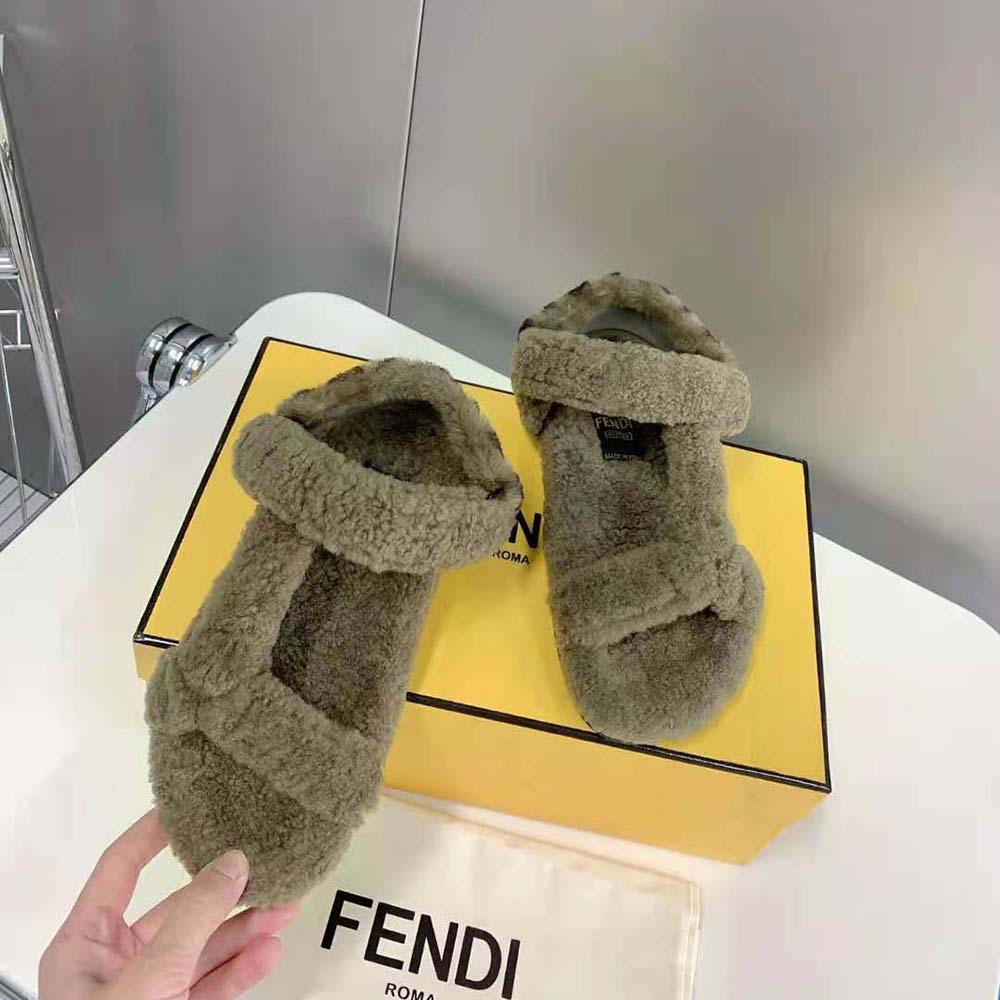 Fendi Women Feel Green Sheepskin Sandals