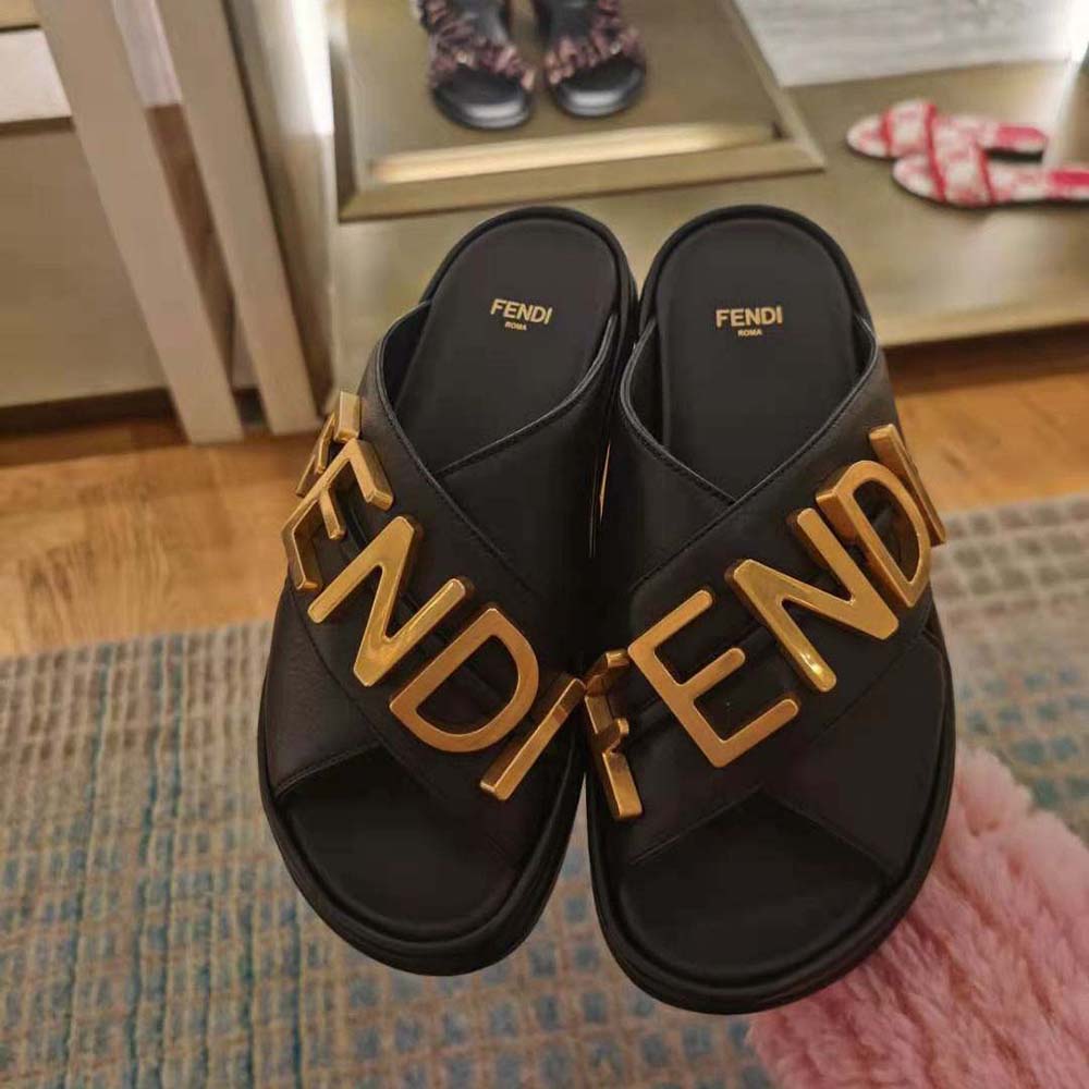 Fendi Women Fendigraphy Black Leather Slides